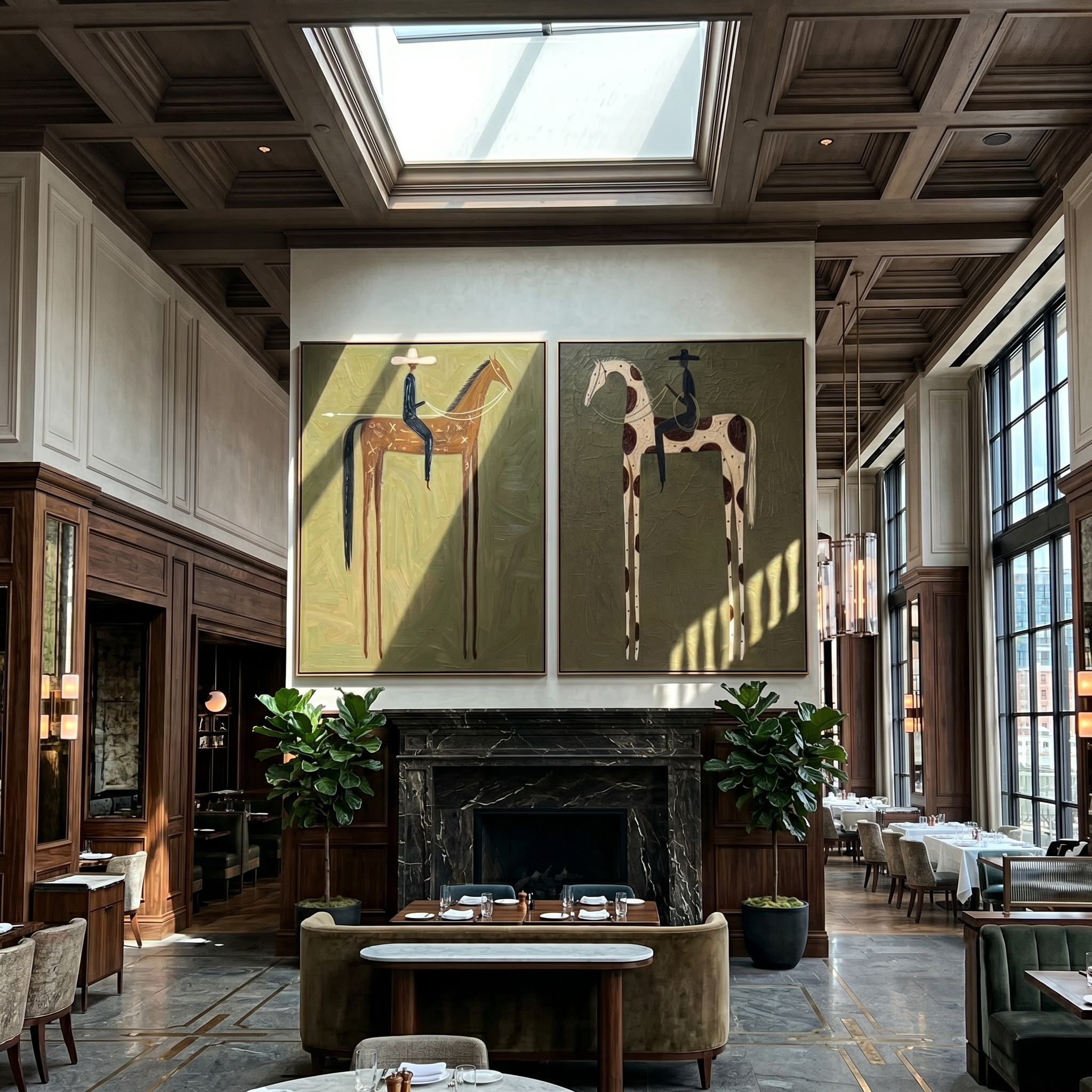 "Dual Long-Legged Cowboy Wanderers Diptych" – Modern Heavy Impasto Primitive Western Figurative | 3D Muted Olive & Rust Umber Palette Knife Painting | Luxury Two-Panel Vertical Wall Art Set #AB 521