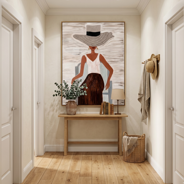 Sunhat Serenity" – Expressive Impasto Figurative Artwork | Tactile Neutral Tone Woman in Chair Art | Luxury Minimalist Statement Wall Art #PE 502