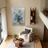 "Azure Blooming Light" is a 100% hand-painted floral artwork created with professional oil and acrylic paints on high-quality canvas. Its blue & green palette and visible textured strokes give every piece authentic handmade variation and tactile depth.