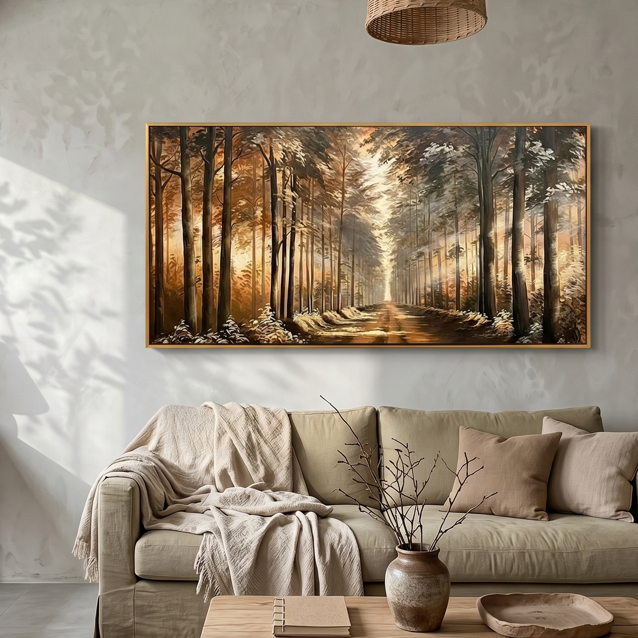 "The Golden Passage" – Realistic Forest Sunlight Oil Painting | Immersive Deep Perspective Woodland Art | High-End Amber & Umber Wall Decor #LC153