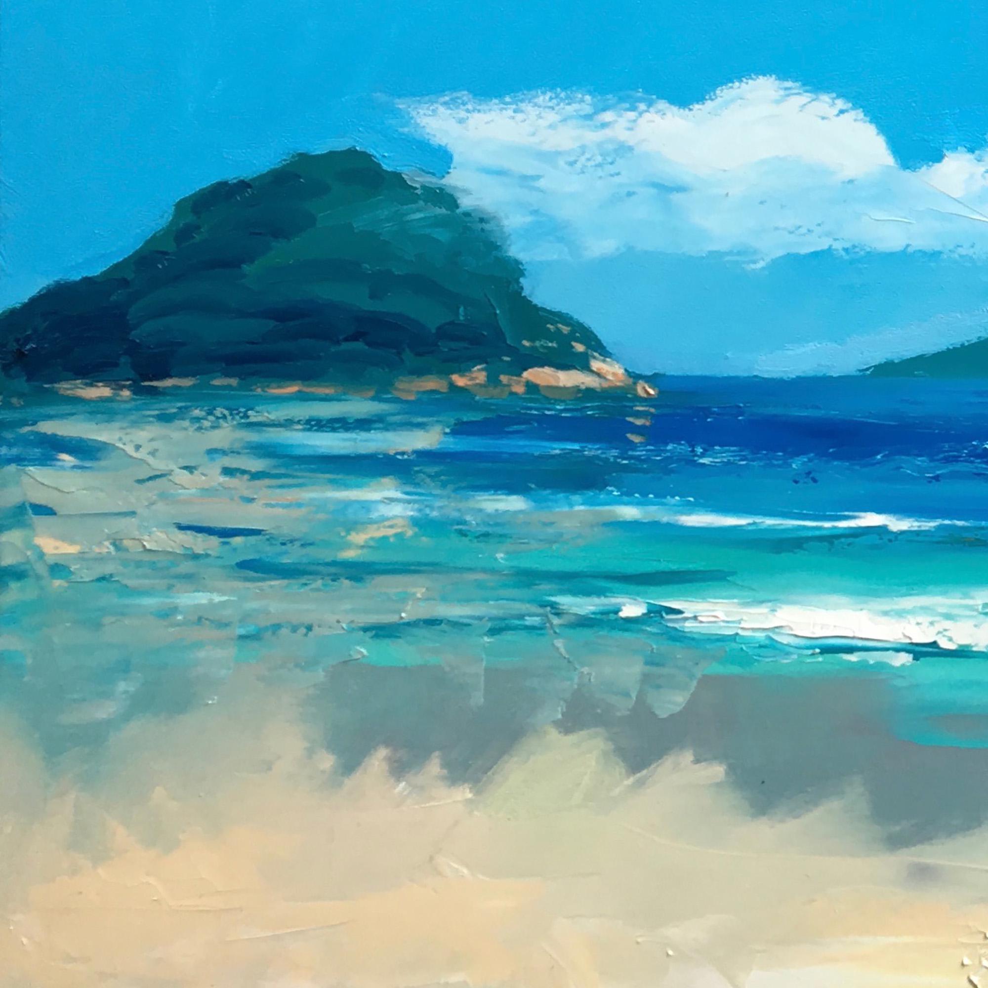 "Sunny Tropical Bay Shoreline" - Modern Heavy Impasto Impressionist Seascape | 3D Turquoise Lagoon & Warm Sand Palette Knife Painting | Luxury Horizontal Wall Art #PT 579