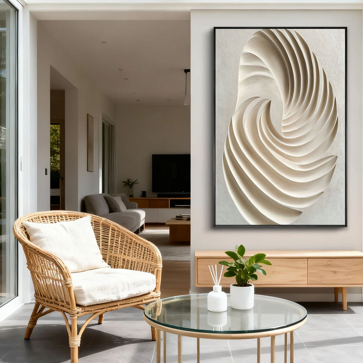 This 100% hand-crafted textured abstract artwork features a flowing spiral relief built in soft ivory and warm beige tones. The raised surface creates natural shadow and movement, making it a refined choice for living rooms, bedrooms, entryways, villas, hotels, and minimalist interiors.