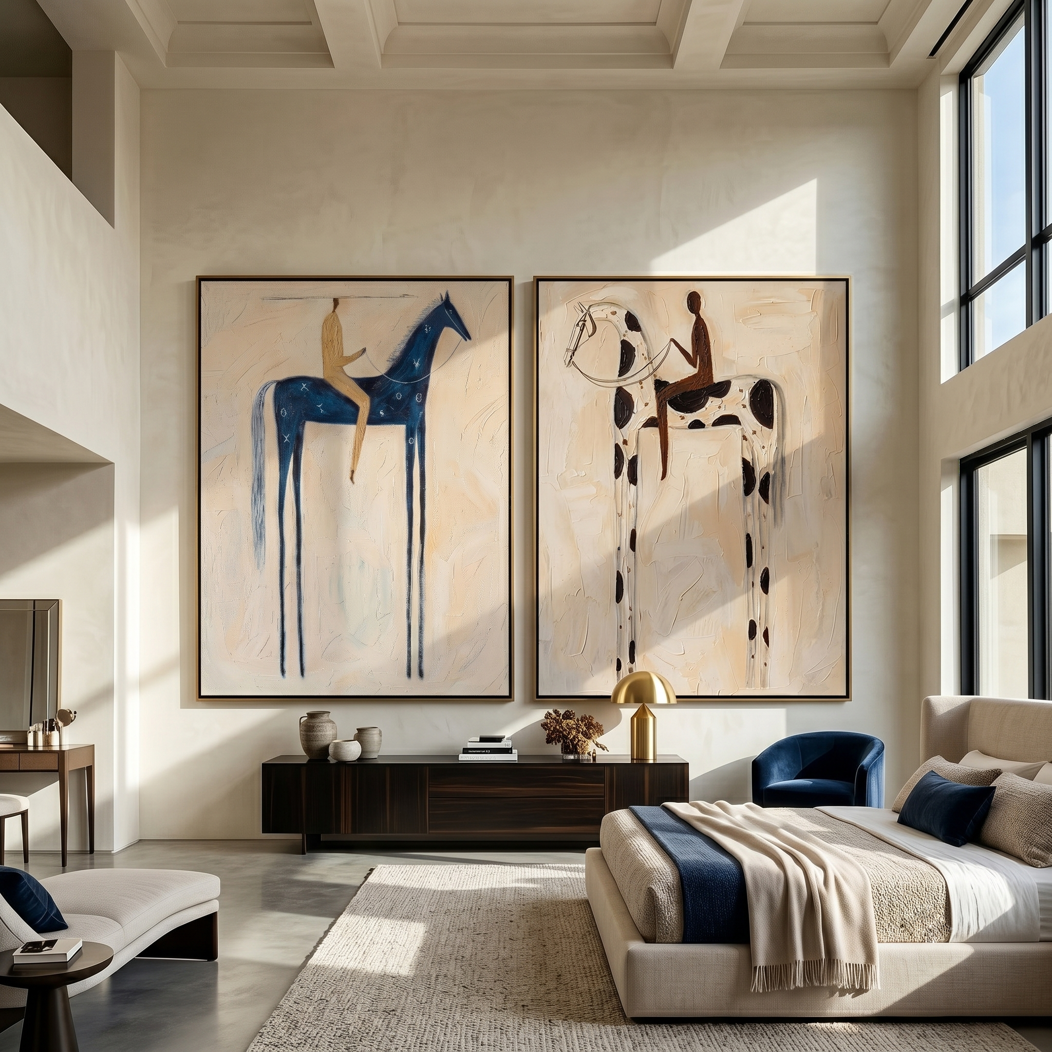 "Dual Stylized Equine Journey" – Modern Heavy Impasto Primitive Figurative | 3D Navy Blue & Warm Taupe Palette Knife Painting | Luxury Two-Panel Vertical Wall Art Set #AB 520