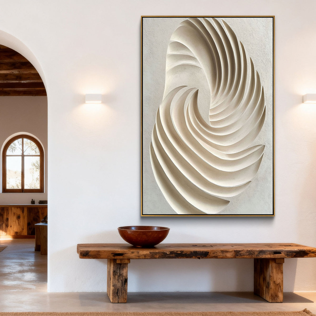 This 100% hand-crafted textured abstract artwork features a flowing spiral relief built in soft ivory and warm beige tones. The raised surface creates natural shadow and movement, making it a refined choice for living rooms, bedrooms, entryways, villas, hotels, and minimalist interiors.