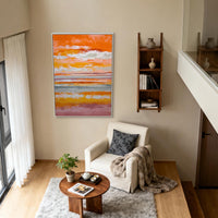 "Modern Atmospheric Flow" is a 100% hand-painted abstract artwork created with professional oil and acrylic paints on high-quality canvas. Its orange & red palette and visible textured strokes give every piece authentic handmade variation and tactile depth.