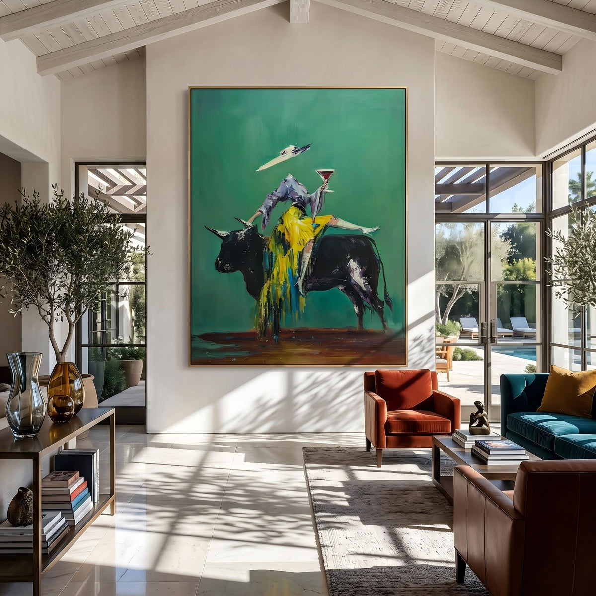 "Velvet Toast of the Emerald Bull" - Modern Heavy Impasto Western Animal Artwork | Green Palette Knife Painting | Luxury Vertical Wall Art #PT 2661