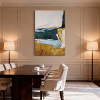 "Golden Modern Reverie" is a 100% hand-painted abstract artwork created with professional oil and acrylic paints on high-quality canvas. Its gold & green palette and visible textured strokes give every piece authentic handmade variation and tactile depth.