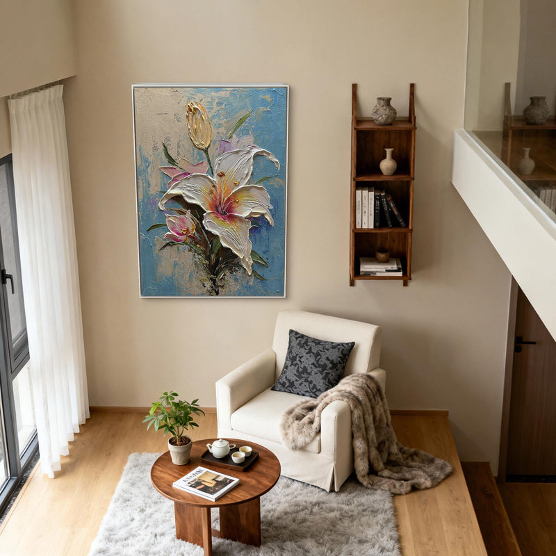 "Ethereal Lily" – 3D Sculptural Heavy Impasto Oil Painting | Luxury Gold Leaf & Blue Textured Floral Wall Art #FL283