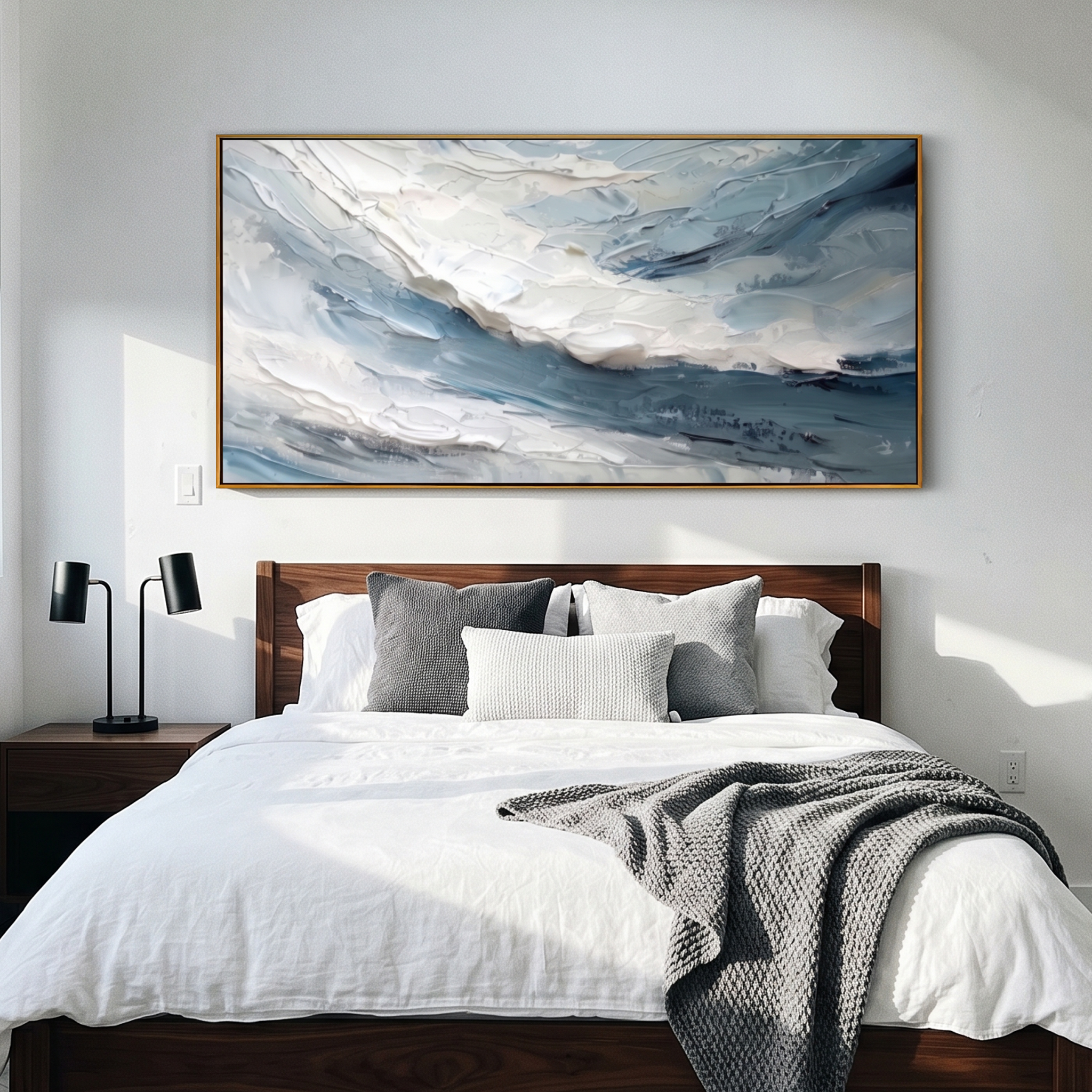 "Frozen Tide" – 3D Sculptural Heavy Impasto Wave | Modern Minimalist Blue & White Horizontal Gallery Art #PT 544