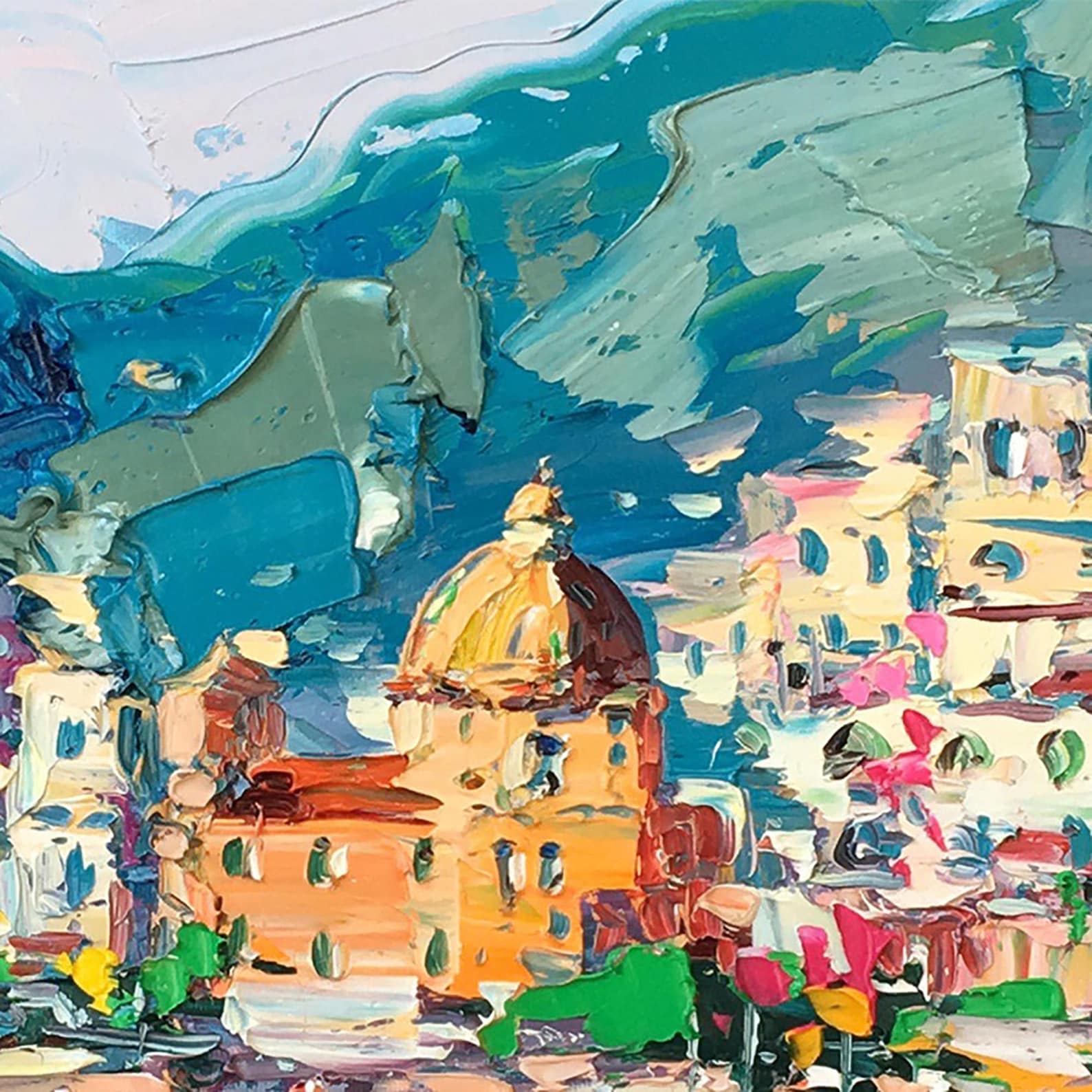 "Pastel Positano Beach Harbor" - Modern Heavy Impasto Mediterranean Landscape | 3D Turquoise Sea & Multicolored Village Palette Knife Painting | Luxury Horizontal Wall Art #PT 582