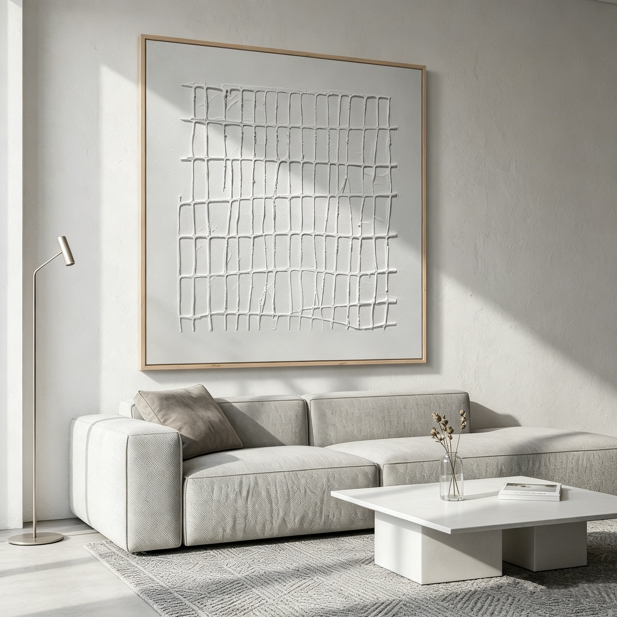 "The Lattice of Mind" – Modern Geometric Hand-Textured Relief | 3D Linear Minimalist Painting for High-End Interiors #MI187