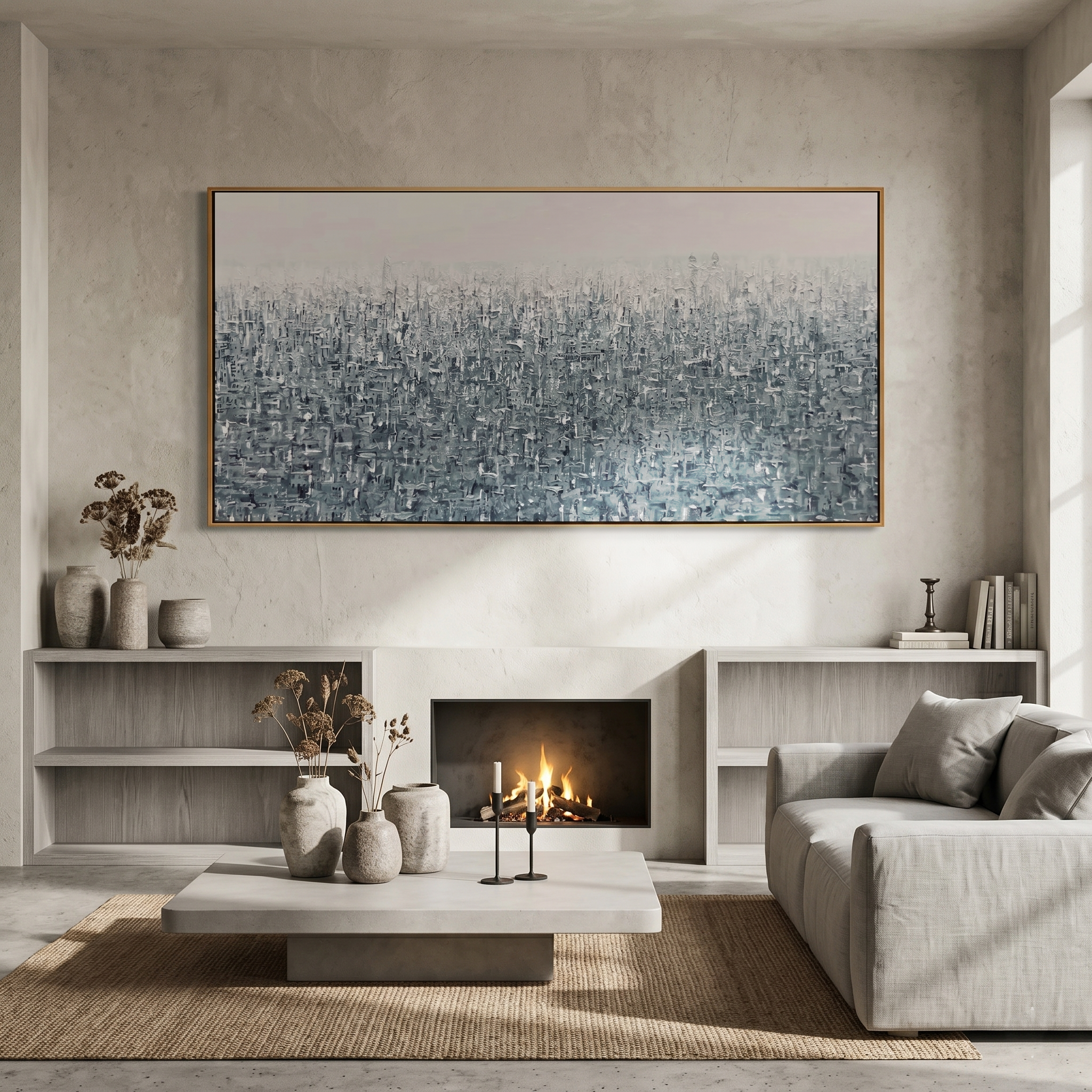 "Cyber Matrix" – Modern Minimalist 3D Heavy Impasto Abstract | Frosted Silver Gray Horizontal Statement Art #MI189