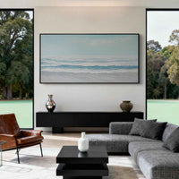 "Beach & Ocean Art" is a 100% hand-painted seascape created with professional oil and acrylic paints on high-quality canvas. Its blue & white palette and visible textured strokes give every piece authentic handmade variation and tactile depth.