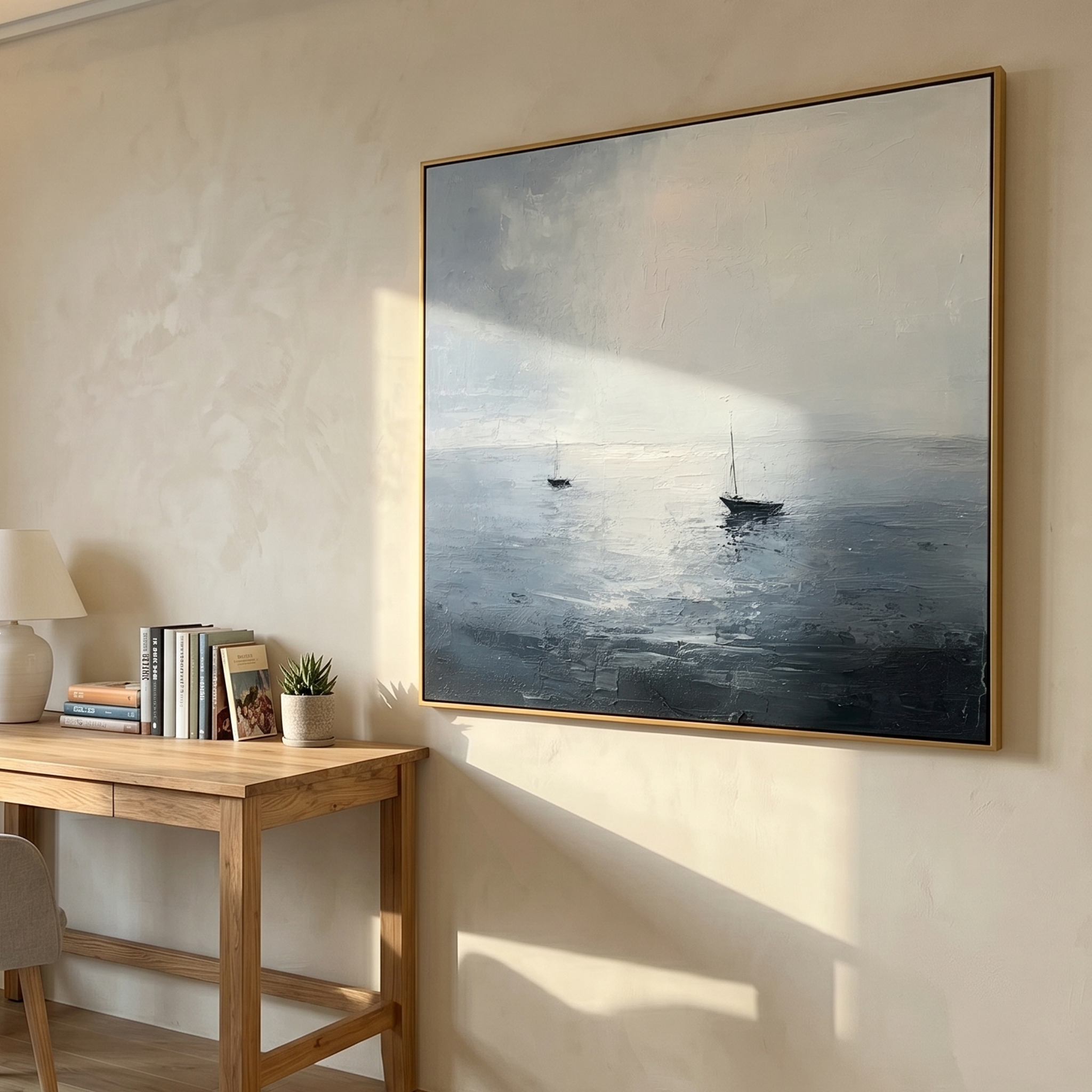 "The Silent Horizon" – Palette Knife Textured Seascape | Luxury Abstract Sailboat Painting for Modern Interiors #WS 234
