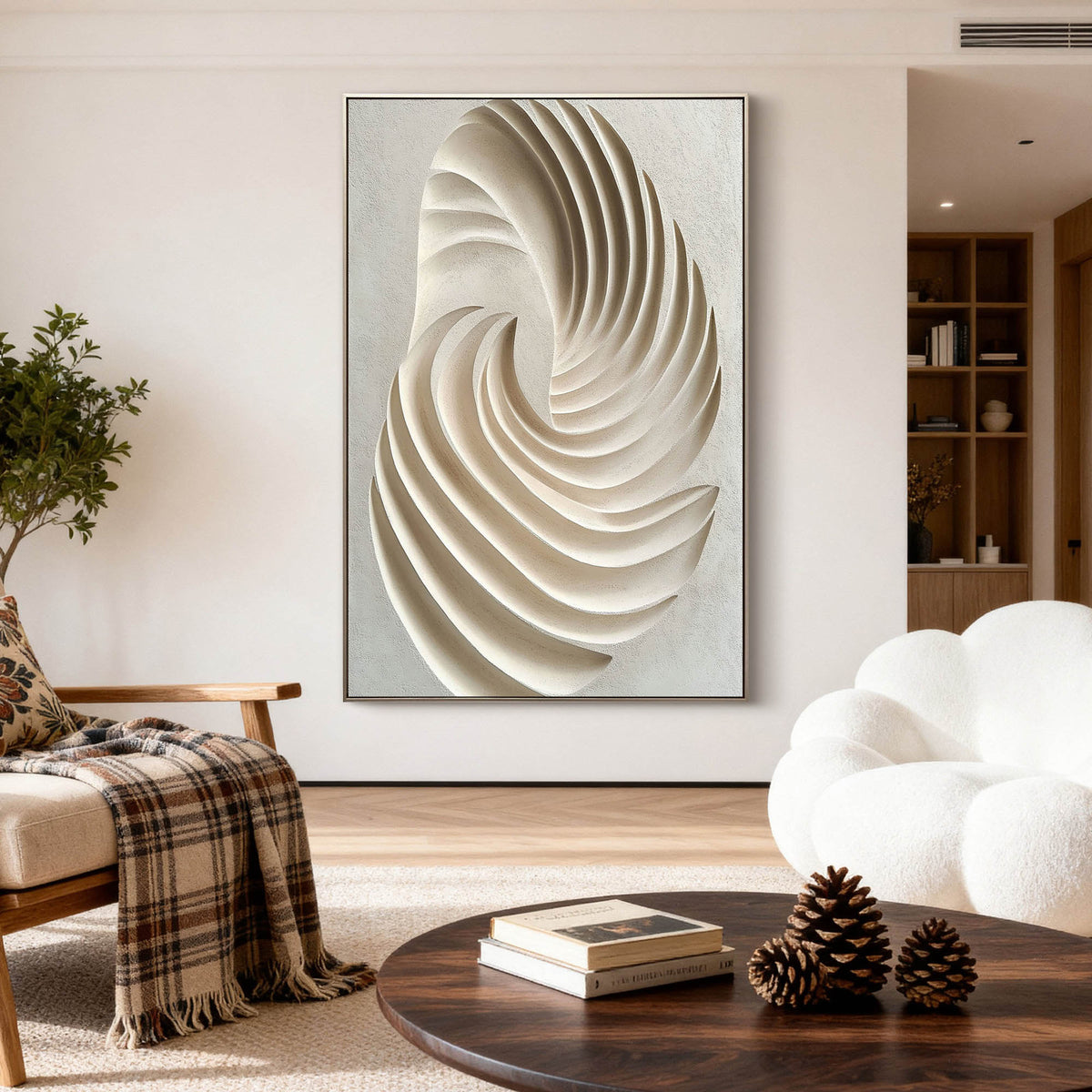 This 100% hand-crafted textured abstract artwork features a flowing spiral relief built in soft ivory and warm beige tones. The raised surface creates natural shadow and movement, making it a refined choice for living rooms, bedrooms, entryways, villas, hotels, and minimalist interiors.