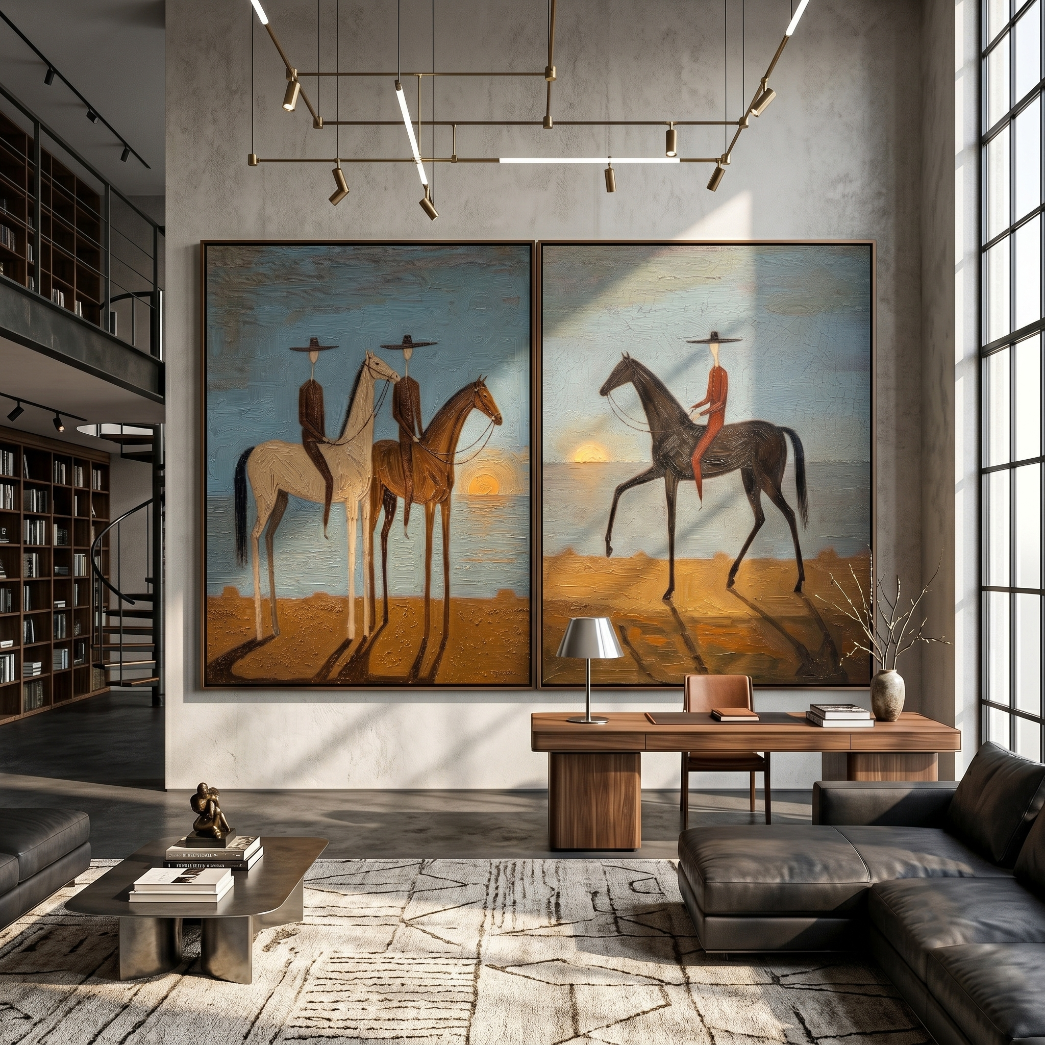 "Coastal Sunset Cowboy Duet Diptych" – Modern Heavy Impasto Surreal Western Figurative | 3D Dusk Blue & Earth Umber Palette Knife Painting | Luxury Two-Panel Vertical Wall Art Set #AB 522