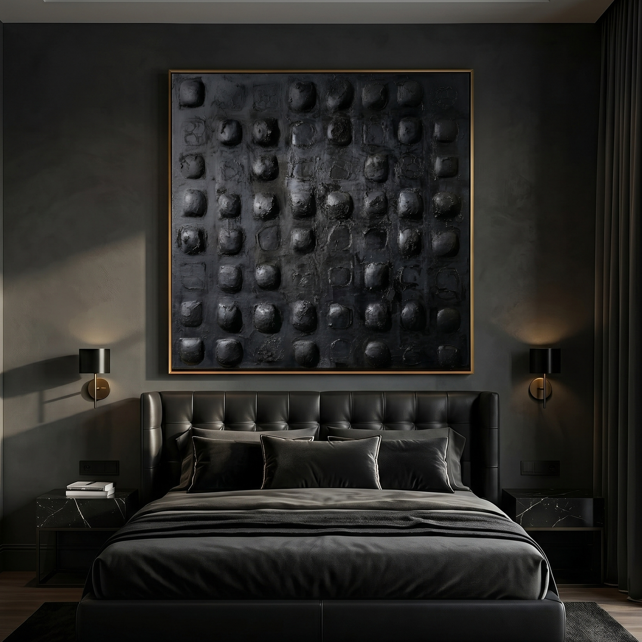 "Obsidian Pulse" – Dark Minimalist 3D Matrix Relief | Hand-Textured Carbon-Black Abstract Painting for Luxury Interiors #WS 233