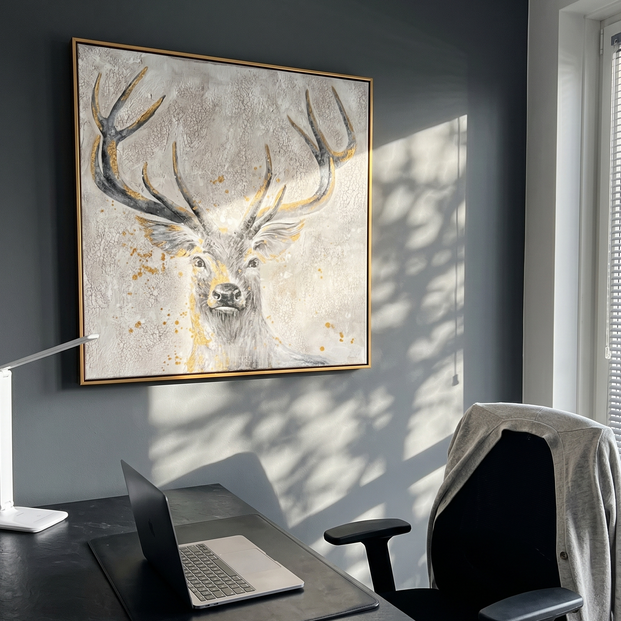 "The Gilded Guardian" – Modern Heavy Impasto Deer Portrait | Luxury 3D Crackle Texture Wall Art | Elegant Gold Foil Painting #AN135