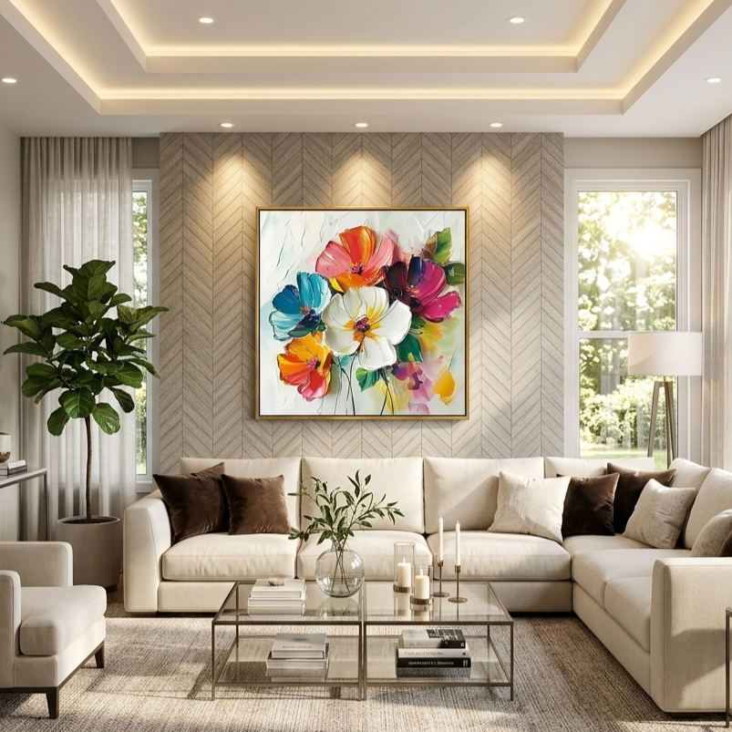 "Blooming Promise" – 100% Hand-Painted Palette Knife Heavy Texture Floral Oil Painting | Modern Vibrant Wall Art for Living Room/Dining Room#FL323