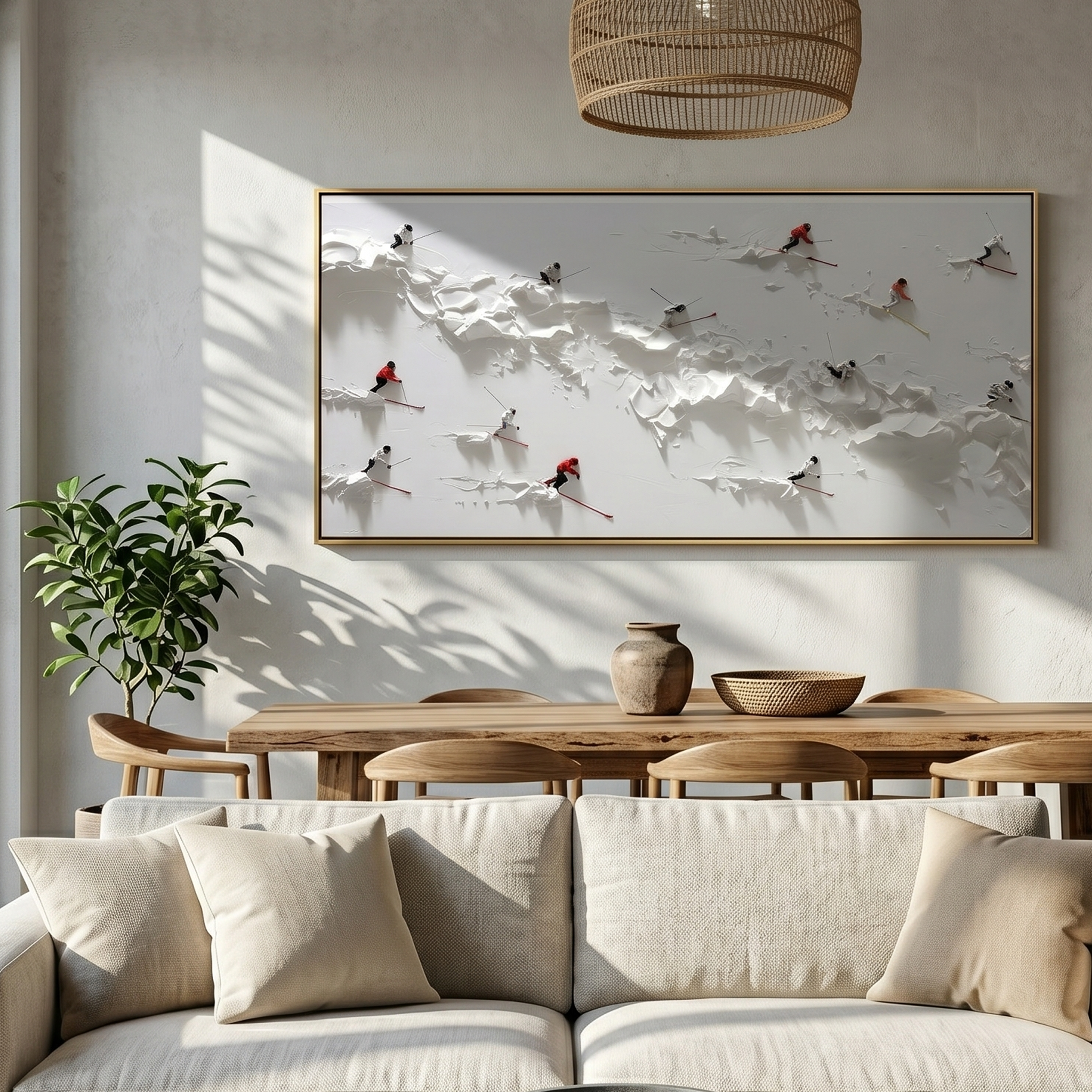 "The Alpine Rush" – Modern 3D Heavy Impasto Skiing Abstract | Minimalist White Relief Statement Art #PT 545