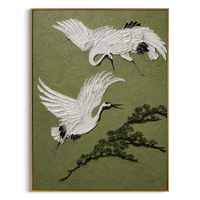 "Dual Flying Red-Crowned Cranes with Pine" – Modern Heavy Impasto Oriental Figurative Relief | 3D Muted Moss Green & Ivory White Palette Knife Painting | Luxury Vertical Wall Art #AN 151