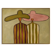 "Dual Sombrero Companions" – Modern Heavy Impasto Minimal Western Figurative | 3D Muted Olive & Dusty Blush Palette Knife Painting | Luxury Horizontal Wall Art #PE 527