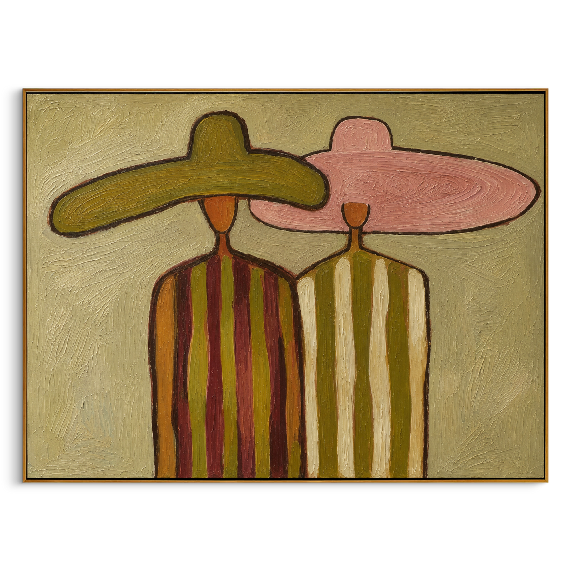 "Dual Sombrero Companions" – Modern Heavy Impasto Minimal Western Figurative | 3D Muted Olive & Dusty Blush Palette Knife Painting | Luxury Horizontal Wall Art #PE 527