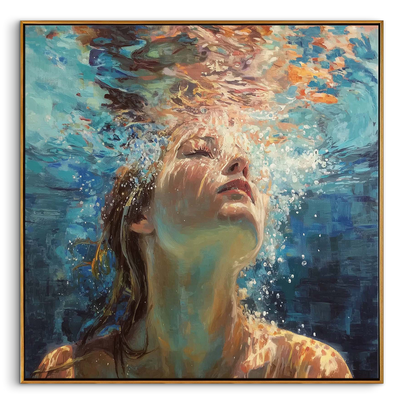 "Deep Blue Breath" – Impressionist Underwater Woman Oil Painting | Serene Light & Shadow Figurative Wall Art#PE369