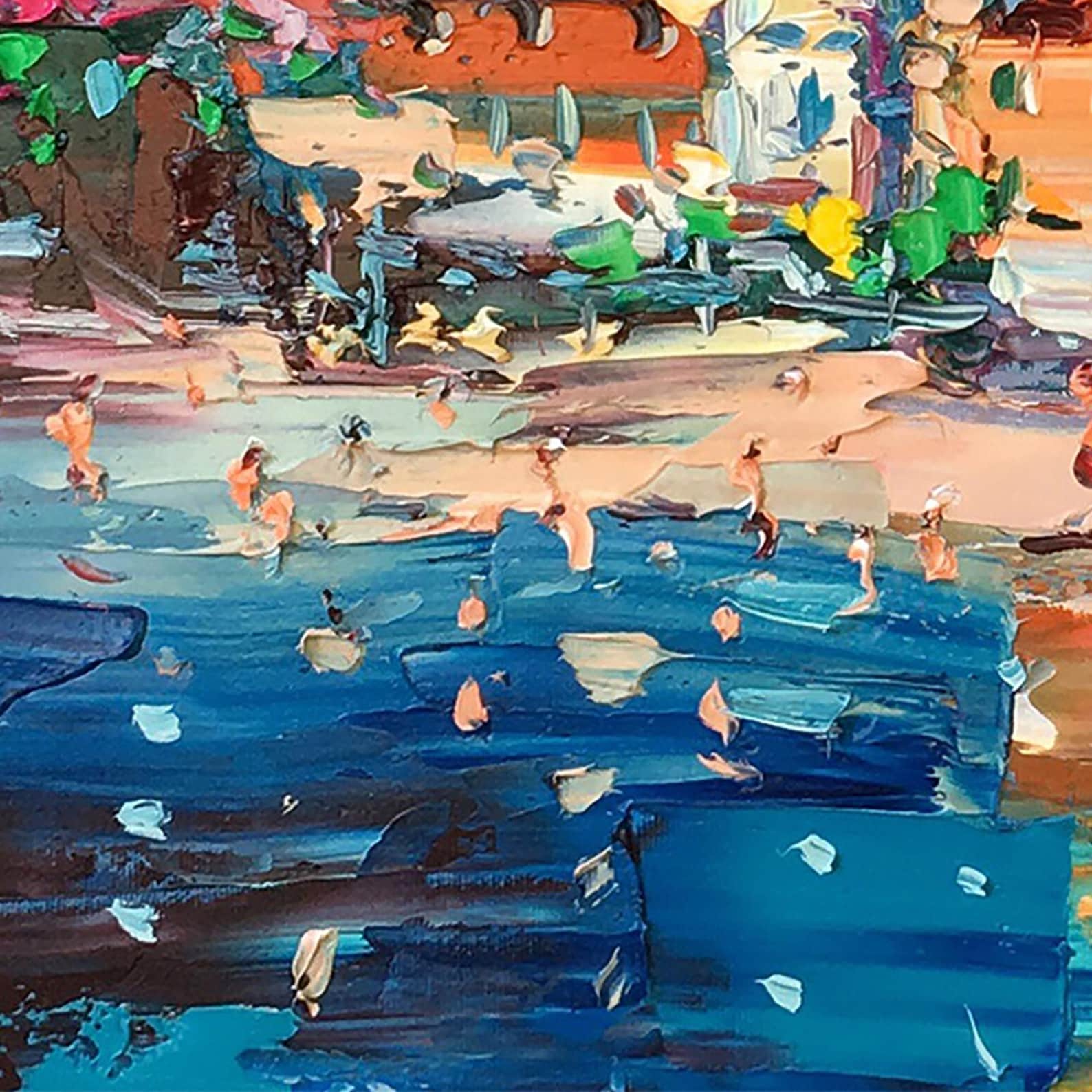 "Pastel Positano Beach Harbor" - Modern Heavy Impasto Mediterranean Landscape | 3D Turquoise Sea & Multicolored Village Palette Knife Painting | Luxury Horizontal Wall Art #PT 582