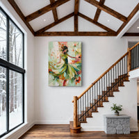 "Verdant Dancing Muse" is a 100% hand-painted figurative artwork created with professional oil and acrylic paints on high-quality canvas. Its green & orange palette and visible textured strokes give every piece authentic handmade variation and tactile depth.