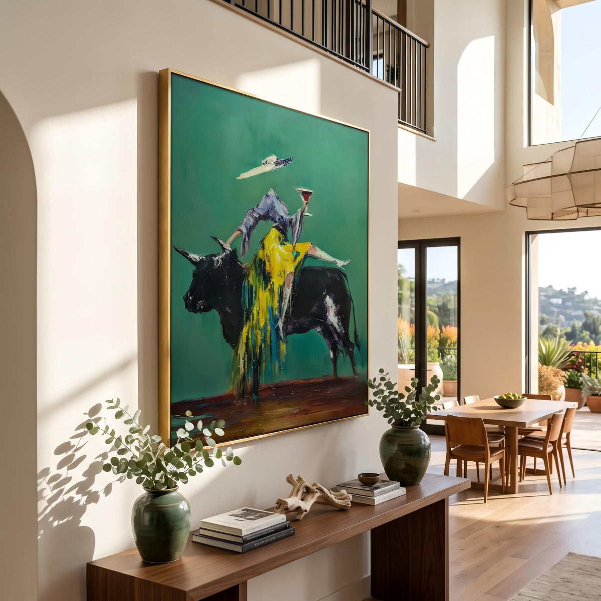 "Velvet Toast of the Emerald Bull" - Modern Heavy Impasto Western Animal Artwork | Green Palette Knife Painting | Luxury Vertical Wall Art #PT 2661