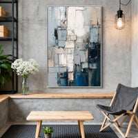 "Sand Shifting Horizon" - Modern Abstract Art | 3D Beige & Blue Impasto Canvas Painting | Luxury Vertical Wall Art #PT 390