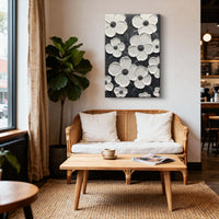 "Midnight Floral Tide" is a 100% hand-painted floral artwork created with professional oil and acrylic paints on high-quality canvas. Its black & white palette and visible textured strokes give every piece authentic handmade variation and tactile depth.