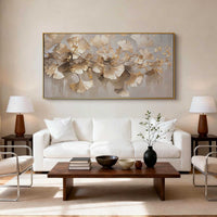"Gilded Blossom Drift" - Modern Wabi-Sabi Floral Art | Gold Grey & White Textured Panoramic Canvas Painting | Luxury Horizontal Wall Art #WS 199