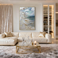 "Coastal Horizon" - Modern Wabi-Sabi Textured Seascape | Blue White & Beige Impasto Canvas Painting | Luxury Vertical Wall Art #WS 048