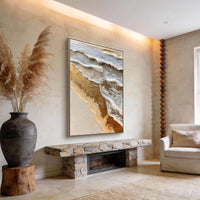 "Golden Shore Texture" - Modern Wabi-Sabi Coastal Painting | Beige Gold White Textured Canvas Art | Luxury Vertical Wall Art #WS 050