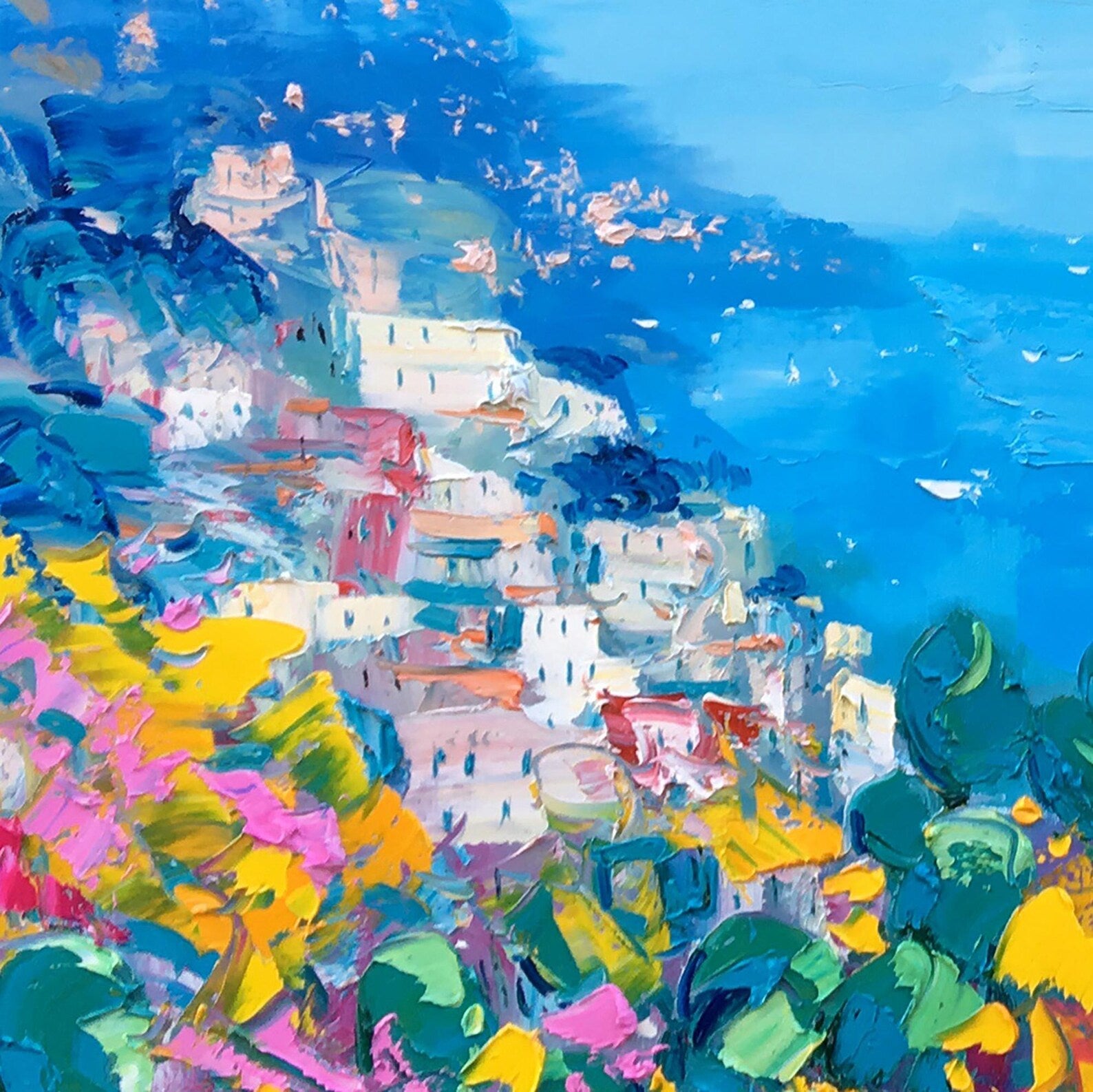"Mediterranean Cliffside Floral Village" - Modern Heavy Impasto Coastal Landscape | 3D Azure Ocean & Fuchsia Floral Palette Knife Painting | Luxury Horizontal Wall Art #PT 581