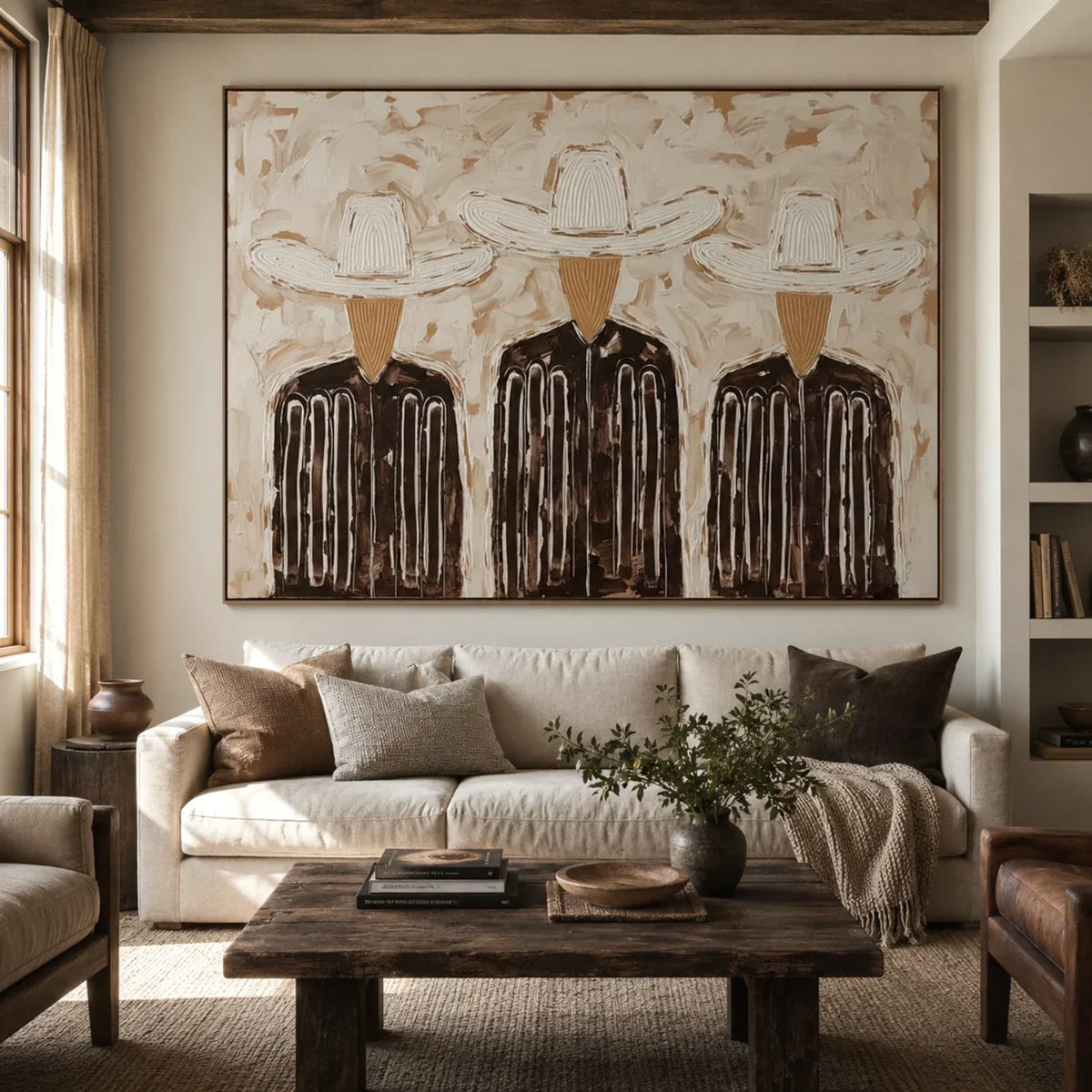 "Trinity in Linen" - Modern Heavy Impasto Abstract Artwork | Black & Golden Palette Knife Painting | Luxury Horizontal Wall Art #PT 2655