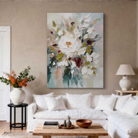 "Verdant Petal Bloom" is a 100% hand-painted floral artwork created with professional oil and acrylic paints on high-quality canvas. Its green & white palette and visible textured strokes give every piece authentic handmade variation and tactile depth.