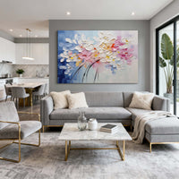 "Azure Flowing Divide" - Modern Abstract Art | 3D Blue & Pink Impasto Canvas Painting | Luxury Horizontal Wall Art #PT 408