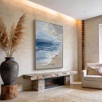 "Azure Tidal Glow" is a 100% hand-painted seascape created with professional oil and acrylic paints on high-quality canvas. Its blue & grey palette and visible textured strokes give every piece authentic handmade variation and tactile depth.
