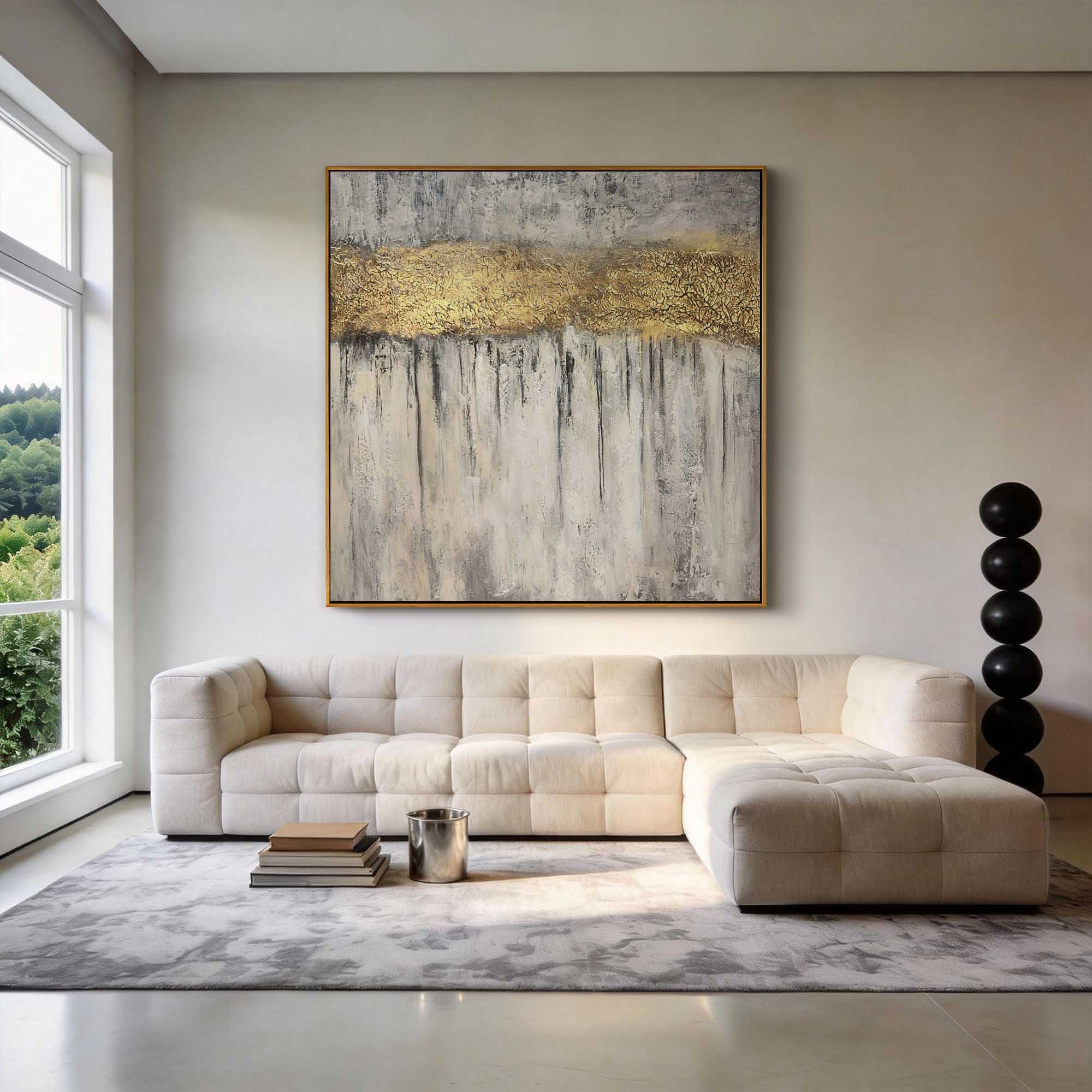 "Golden Crevice" – Luxury 3D Sculptural Gold Leaf Relief | Modern Wabi-Sabi Grey Texture Mansion Statement Art#WS 219