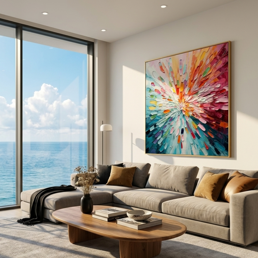 "Chromatic Burst" – Radiant Impasto Abstract Explosion Oil Painting | Modern Dynamic Statement Wall Art #PT529