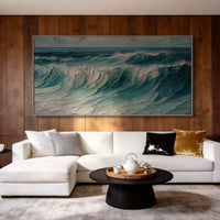"Beach & Ocean Art" is a 100% hand-painted seascape created with professional oil and acrylic paints on high-quality canvas. Its green & white palette and visible textured strokes give every piece authentic handmade variation and tactile depth.