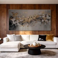 "Black Gold Panorama" - Modern Wabi-Sabi Abstract Painting | Black Grey Gold White Textured Canvas Art | Luxury Horizontal Wall Art #WS 195