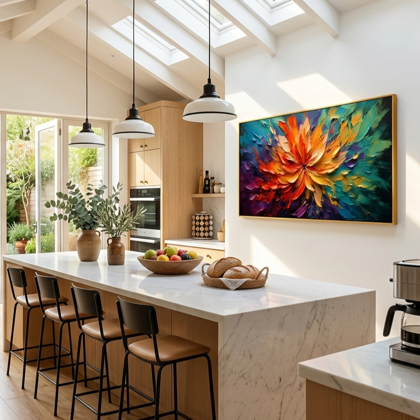 "Ember's Kiss" – Fiery Orange & Midnight Purple Panorama Impasto Painting | Modern Luxury Living Room Art#PT 495