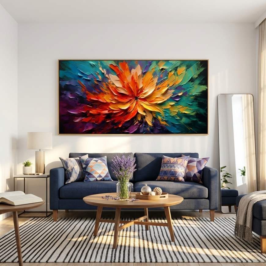 "Ember's Kiss" – Fiery Orange & Midnight Purple Panorama Impasto Painting | Modern Luxury Living Room Art#PT 495