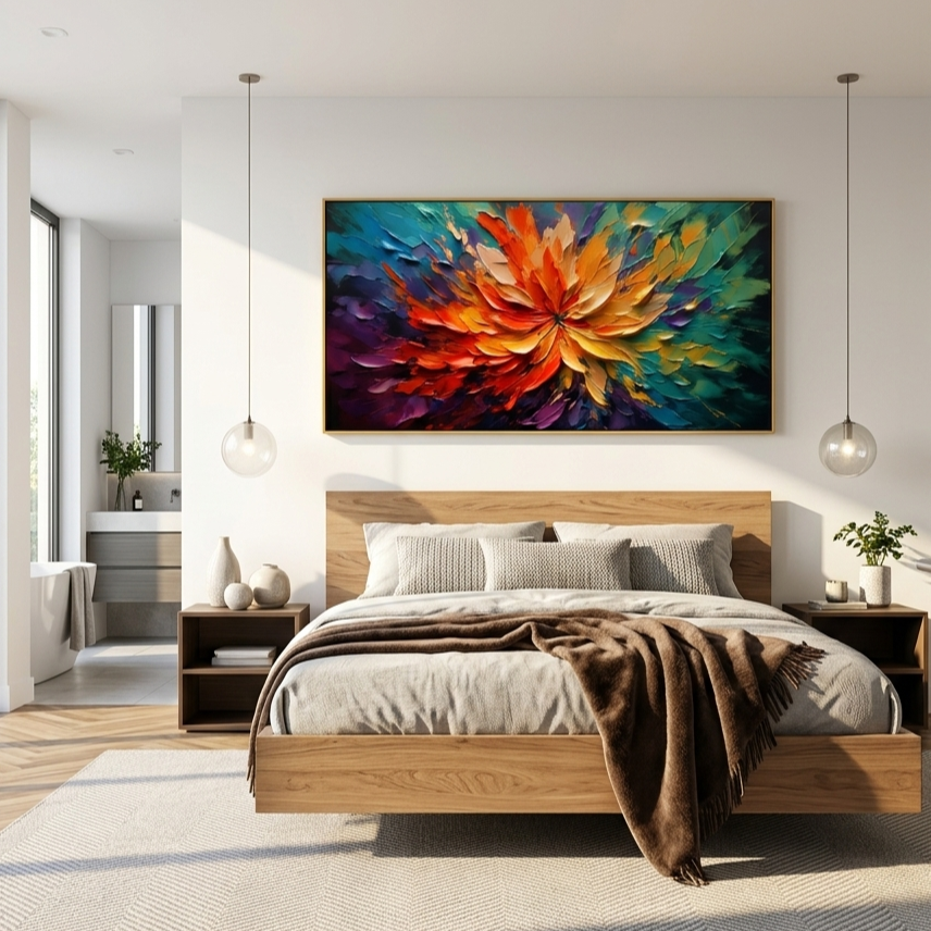 "Ember's Kiss" – Fiery Orange & Midnight Purple Panorama Impasto Painting | Modern Luxury Living Room Art#PT 495