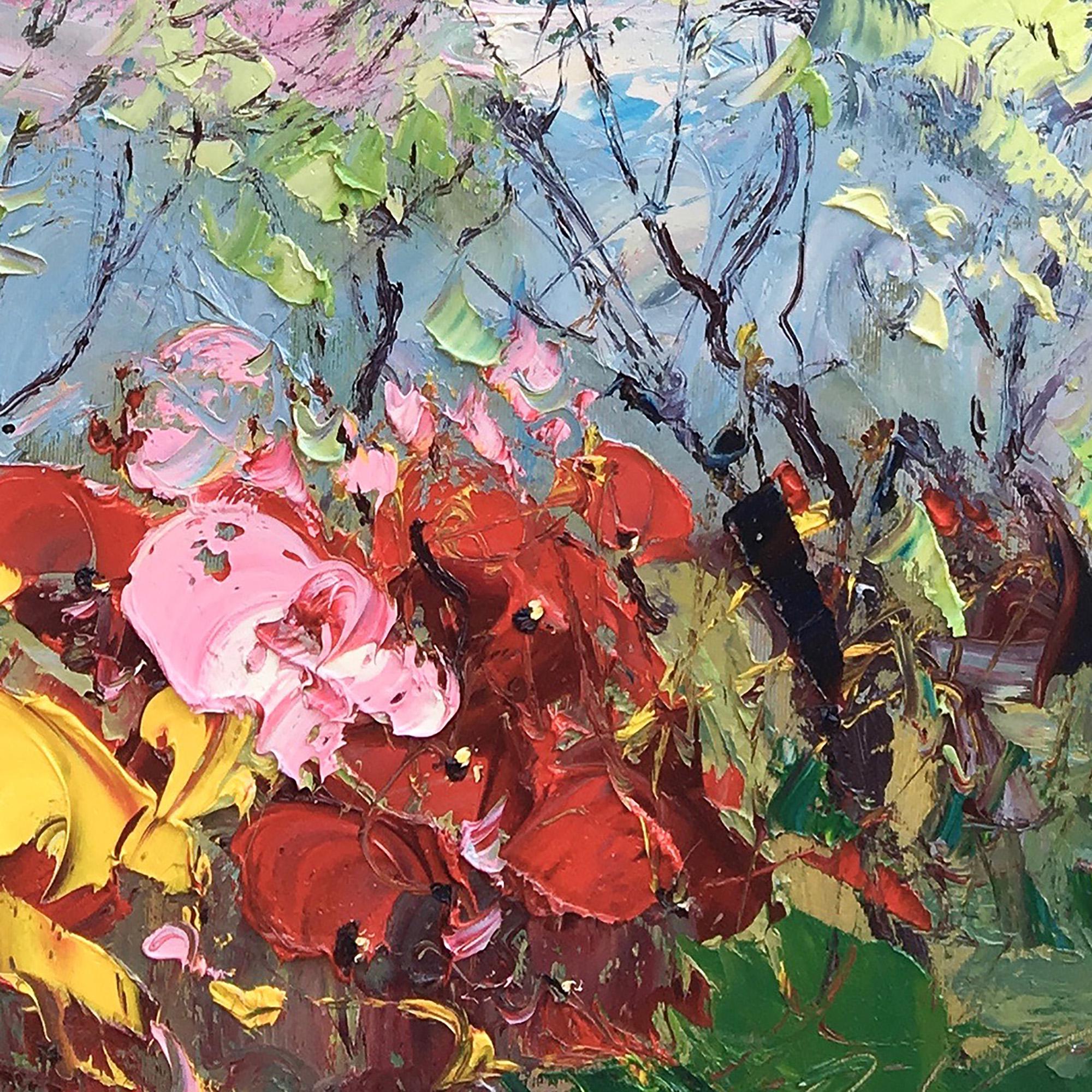 "Mediterranean Floral Vista" – Modern Heavy Impasto Impressionist Landscape | 3D Vivid Azure & Crimson Palette Knife Painting | Luxury Square Wall Art #PT 567