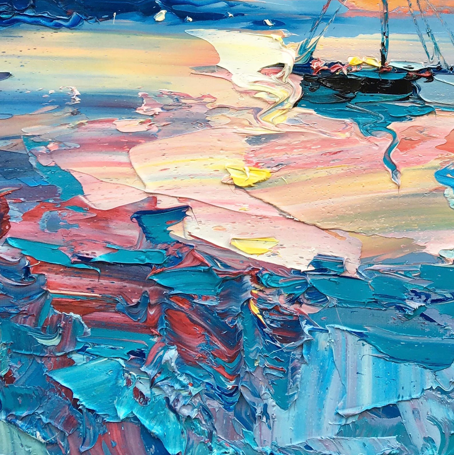"Harbor Afterglow" - Modern Heavy Impasto Seascape | Turquoise Blue & Sunset Pink Sailboat Oil Painting | Luxury Horizontal Wall Art #PT 591